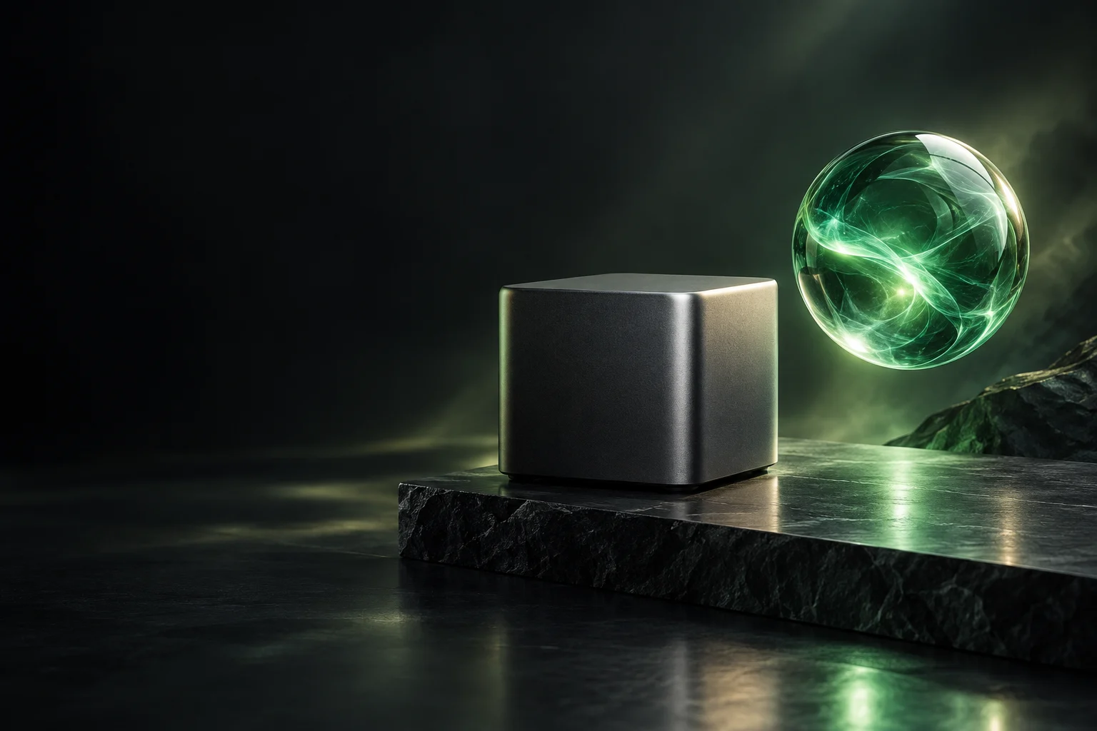 EvAgent 绿色光球与 EvBox 深灰盒子的产品家族概念视觉,非实物照片